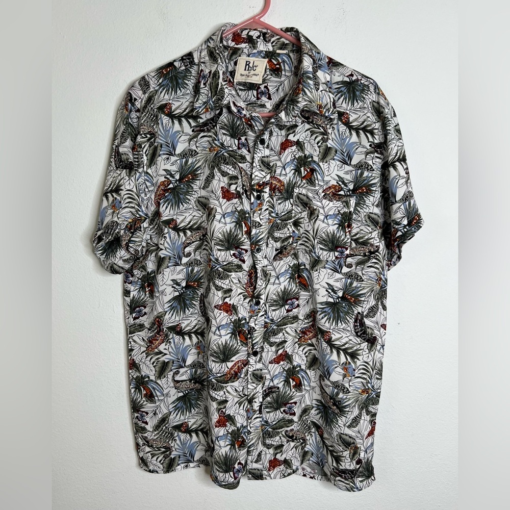 Rebel James & Charli RJC Shirt Mens Size L Button Up Insect Leaf Print Pocket
